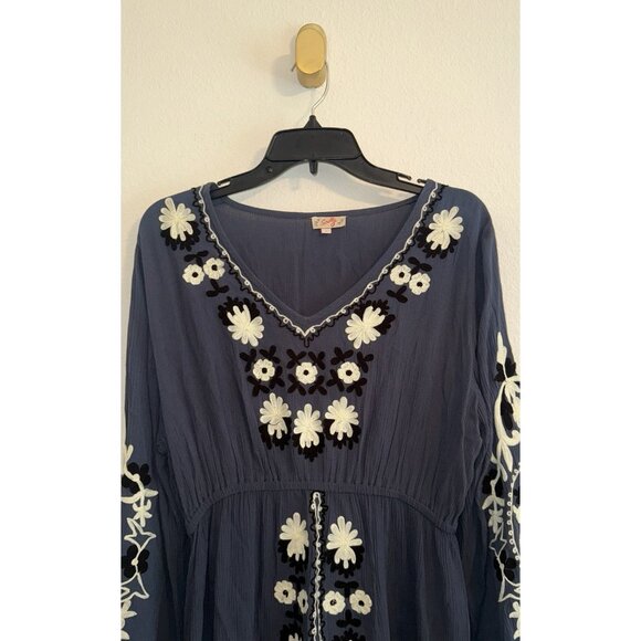 Scully Embroidered Empire Waist Dress Boho Floral Viscose Womens L Large Blue - Picture 3 of 6